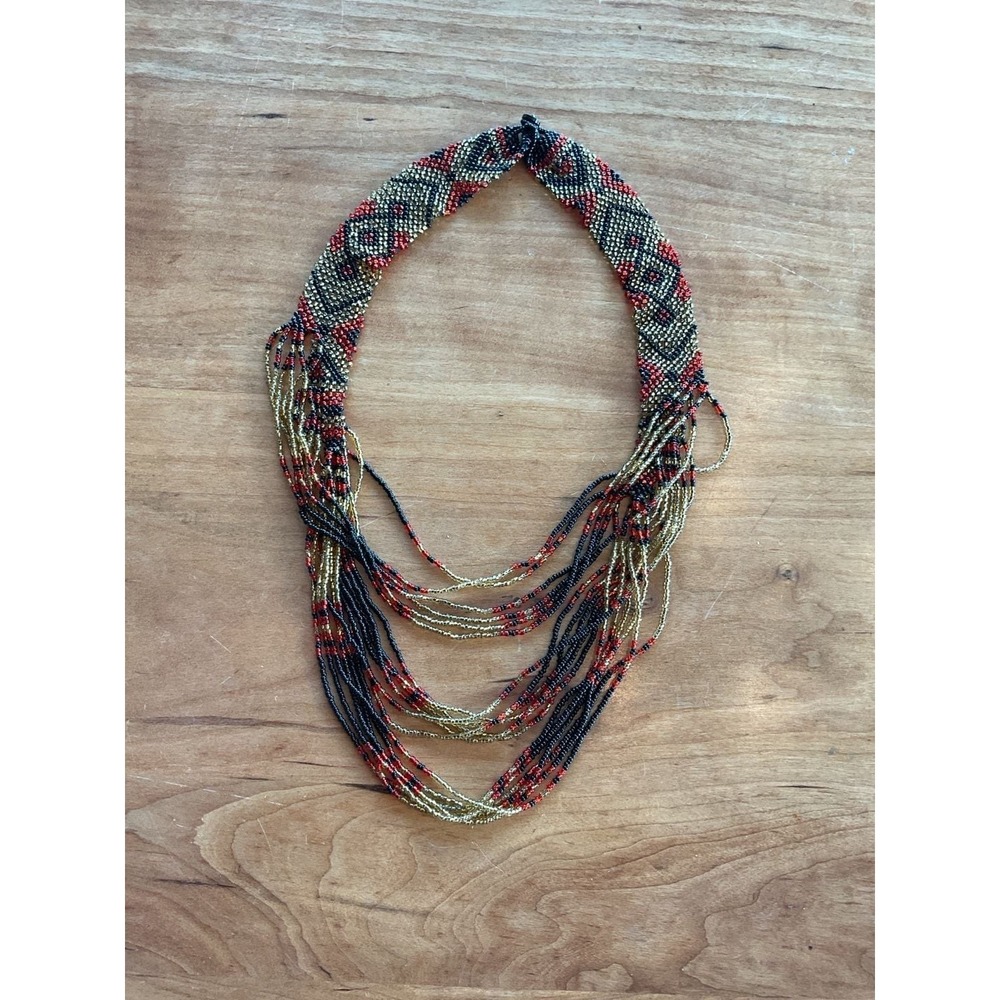 Vintage Handcrafted Multi-Strandâ Seed Bead Necklace Red Gold Black